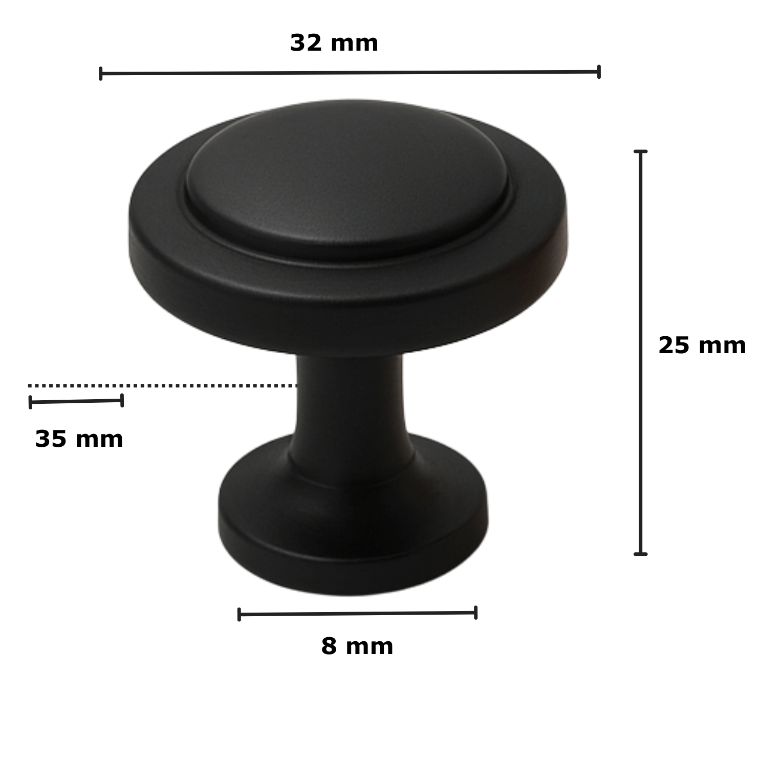 Bovenaanzicht meubelknop Memphis 32mm mat zwart met zichtbare diameter en ronde vorm