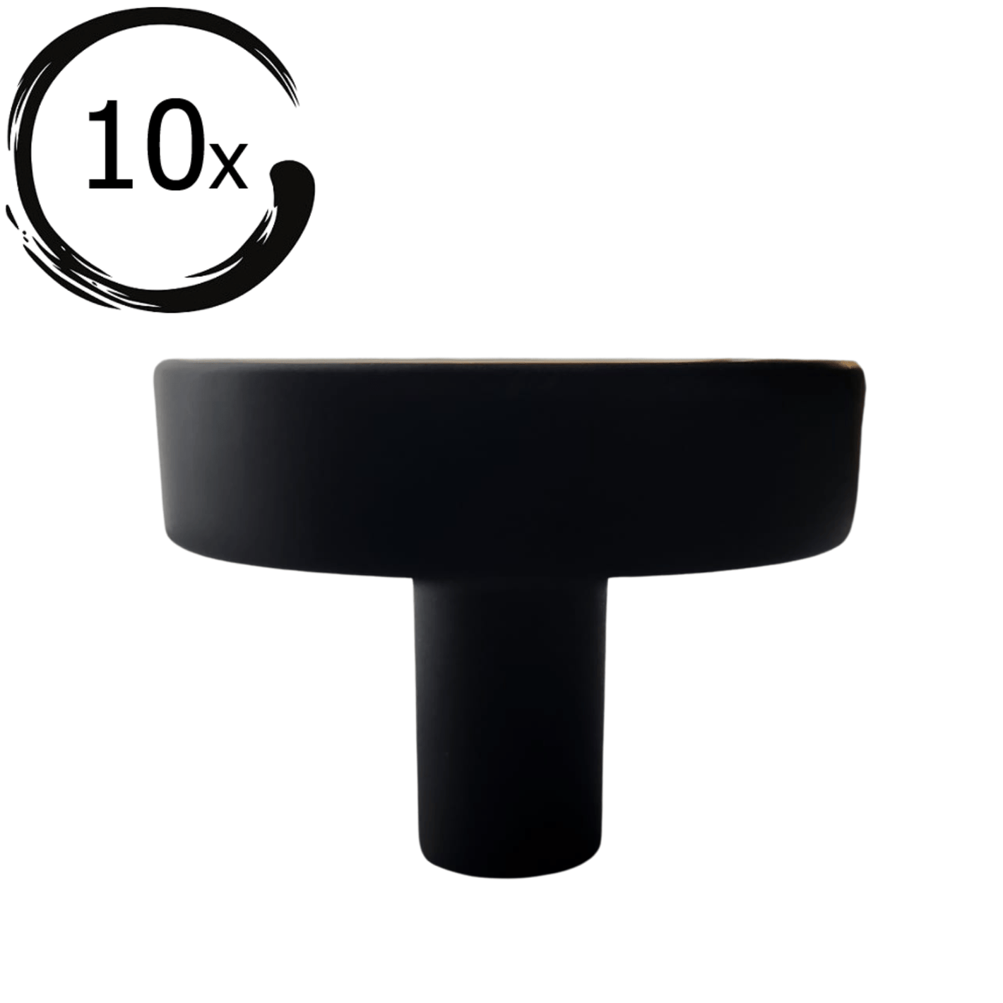 Ronde zwarte meubelknop 40mm Circle met cilindervormige voet, bovenaanzicht op witte achtergrond met 10x aanduiding