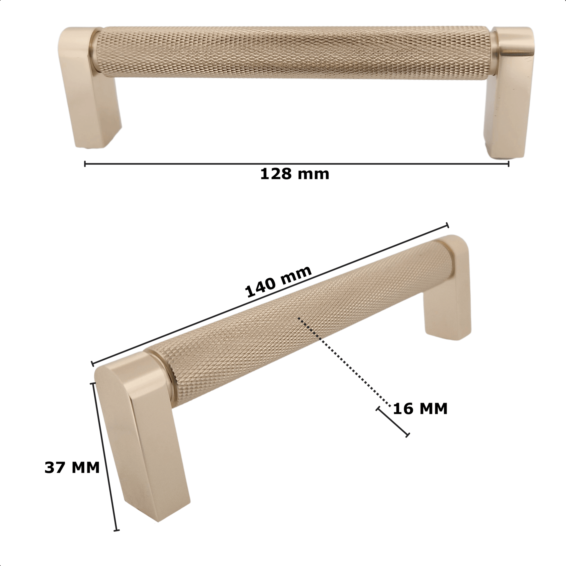 Handgreep Miami 128mm RVS goud met gestructureerde grip en afgeronde uiteinden