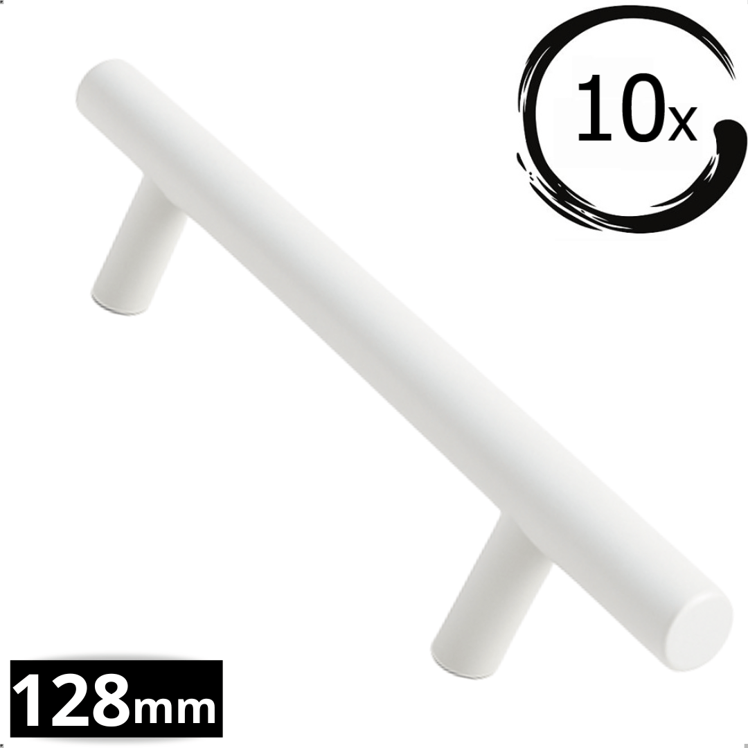 Set van 10 witte RVS handgrepen Denver 128mm boormaat op lichte achtergrond met 10x badge
