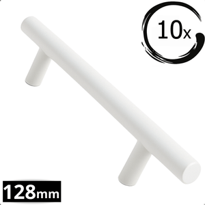 Set van 10 witte RVS handgrepen Denver 128mm boormaat op lichte achtergrond met 10x badge