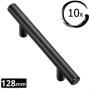 10 stuks mat zwarte RVS handgreep Denver 128mm boormaat getoond onder hoek met 10x badge