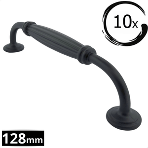 10 stuks mat zwarte Norfolk handgreep 128mm boormaat met geribbeld middenstuk en afgeronde uiteinden