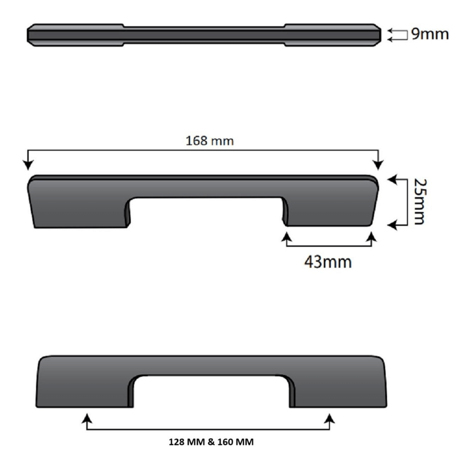10X Handgreep 160mm Aluminium Zwart – Seattle - BY MJM - GMJ16-10