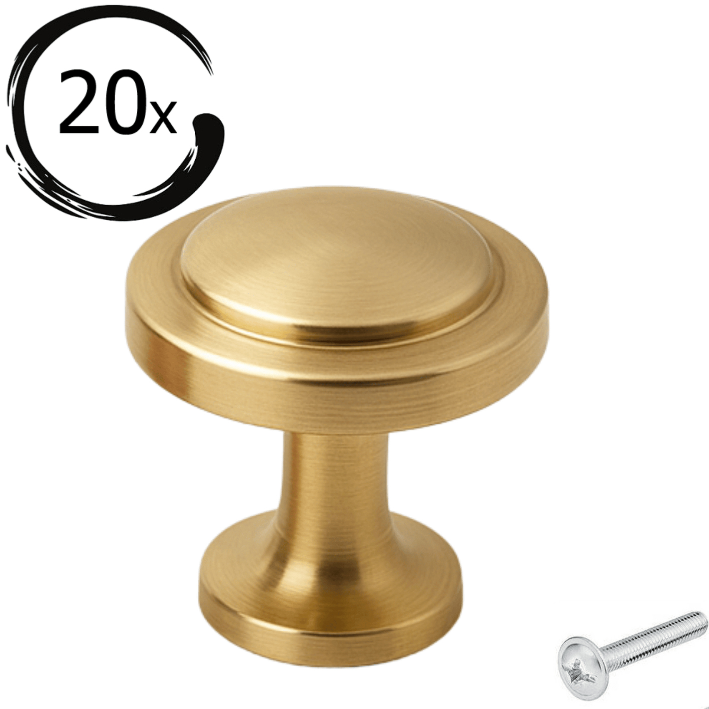 Meubelknop Memphis goud 32mm set 20 stuks met bevestigingsschroef op witte achtergrond