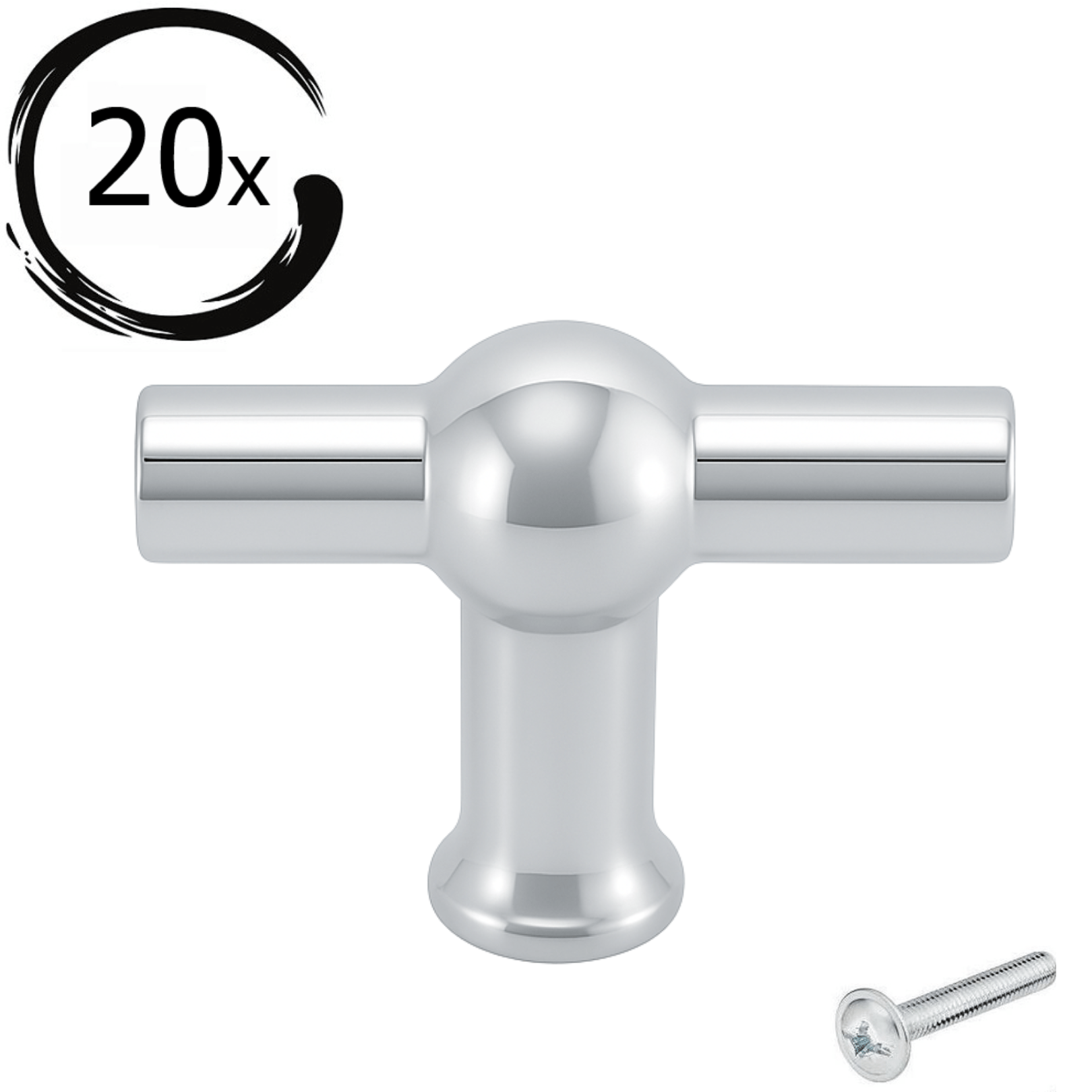 T-greep Kansas 48mm chroom set 20 stuks met bevestigingsschroef
