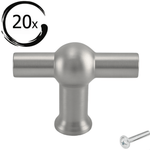 Set van 20 T-grepen Kansas 48mm RVS met centrale bol en horizontale stang, verpakt met schroef rechtsonder