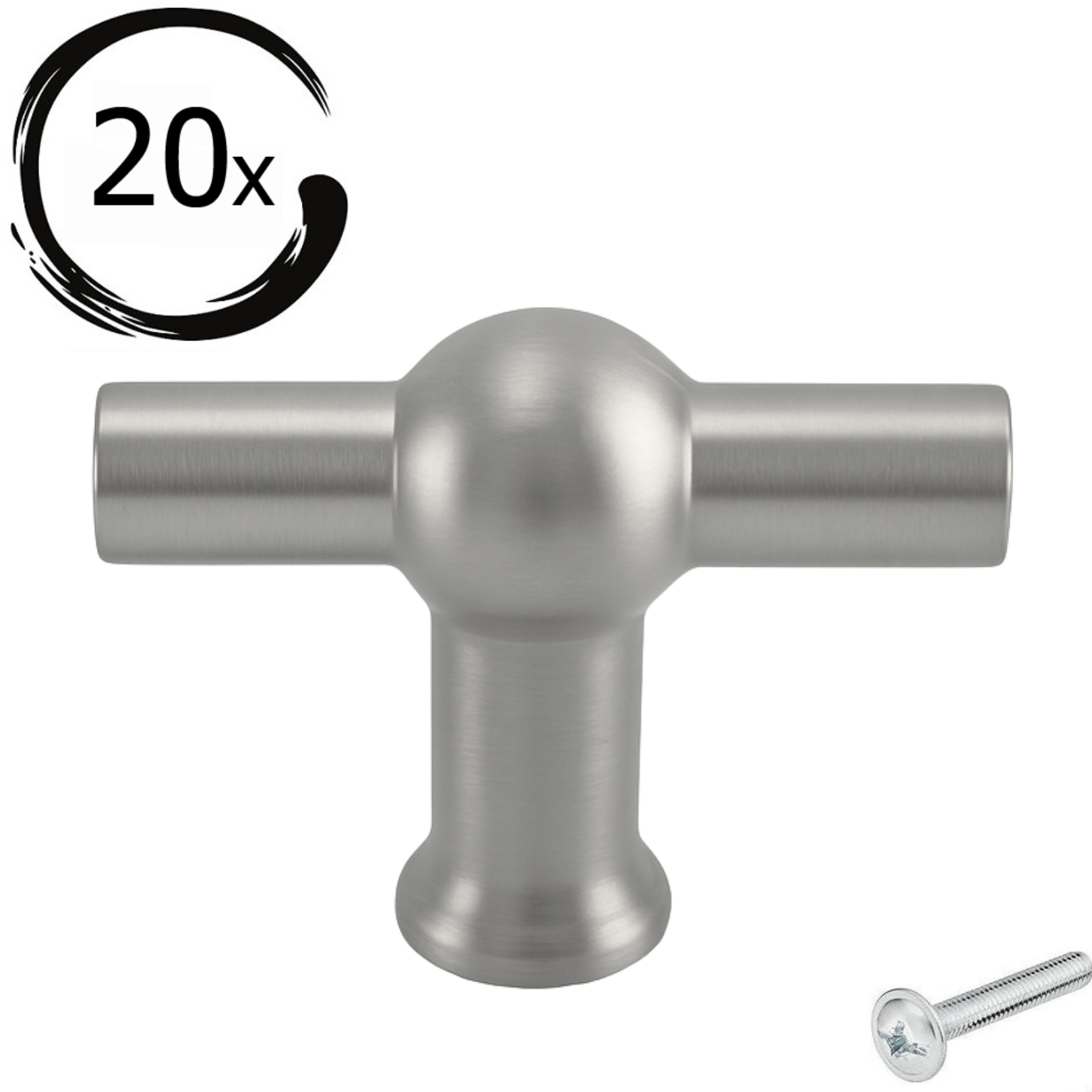 Set van 20 T-grepen Kansas 48mm RVS met centrale bol en horizontale stang, verpakt met schroef rechtsonder