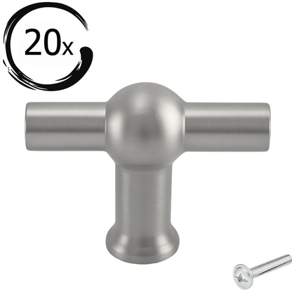 Set van 20 T-grepen Kansas 48mm RVS met centrale bol en horizontale stang, verpakt met schroef rechtsonder