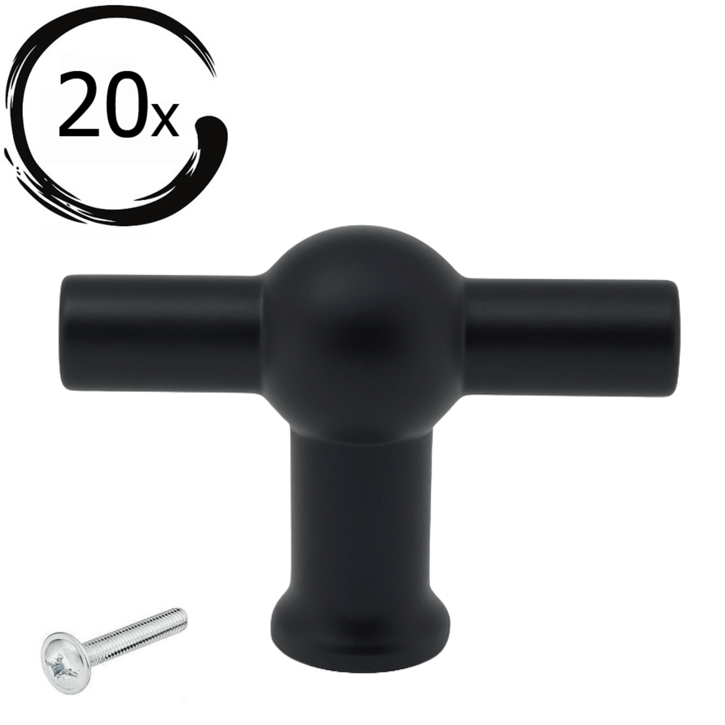 Set van 20 zwarte T-vormige Kansas meubelknoppen van 48mm breed, getoond met bevestigingsschroef op witte achtergrond