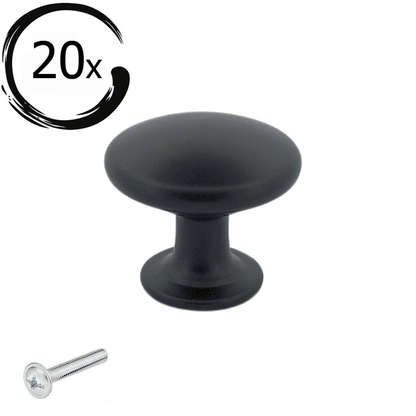 Set van 20 zwarte aluminium meubelknoppen Macon 27mm met bevestigingsschroef