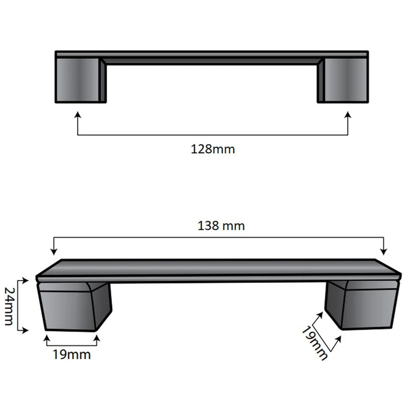 Zijaanzicht Austin handgreep 128mm aluminium zwart met hoogte en projectie weergave