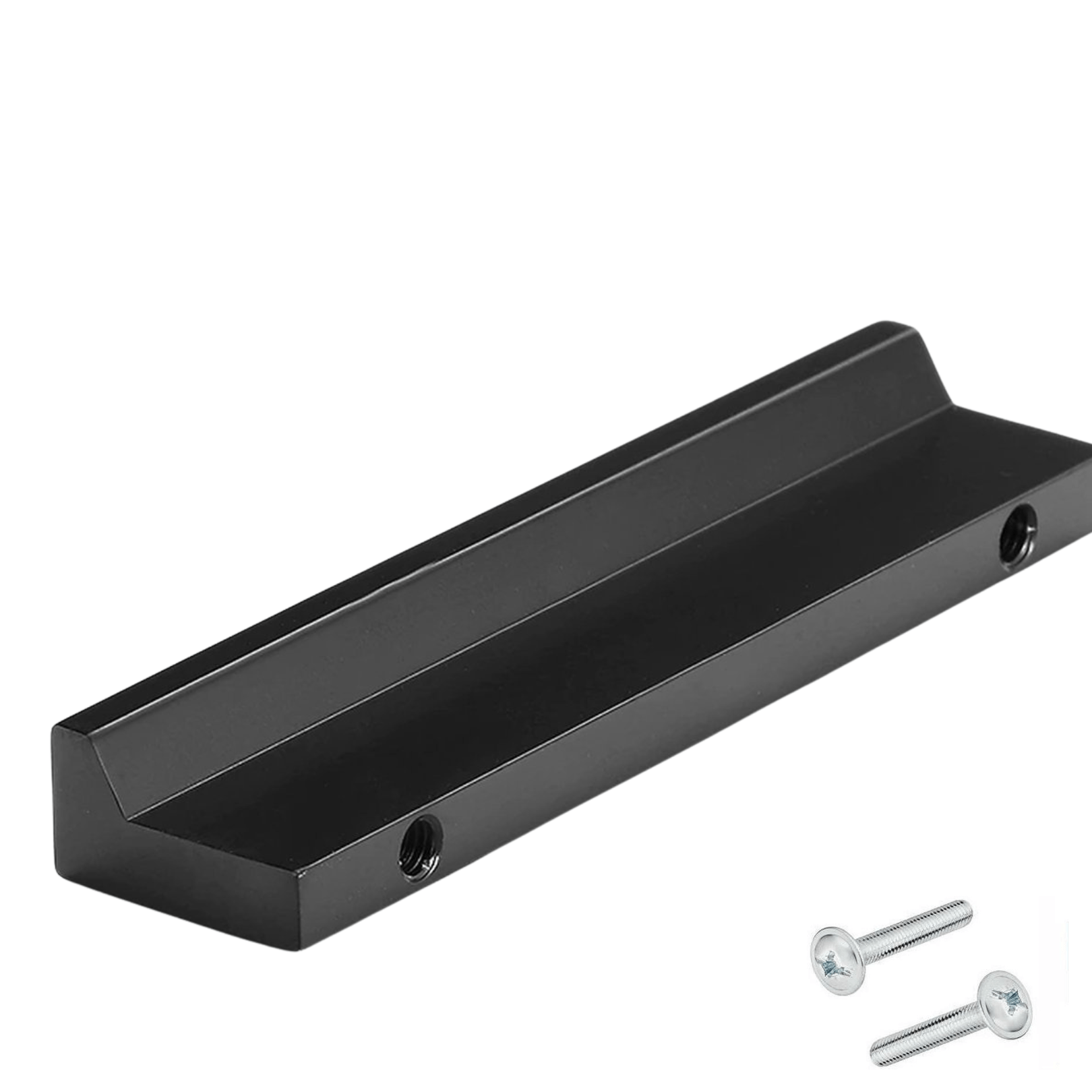 Detailopname zwarte aluminium handgreep Reno 128mm met afmetingen en schroefgaten zichtbaar