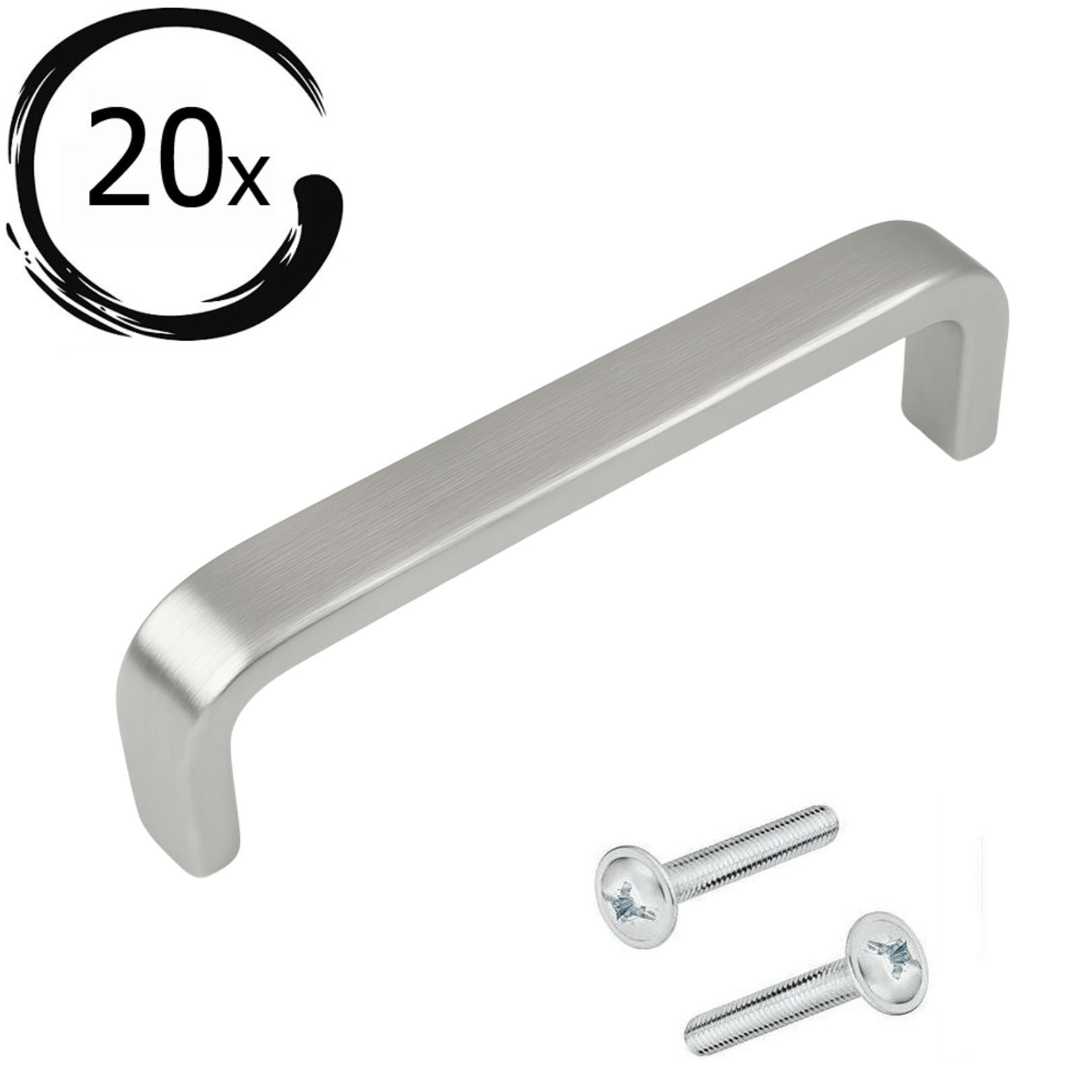 Set van 20 RVS handgrepen Tampa 128mm boormaat met meegeleverde bevestigingsschroeven getoond op witte achtergrond