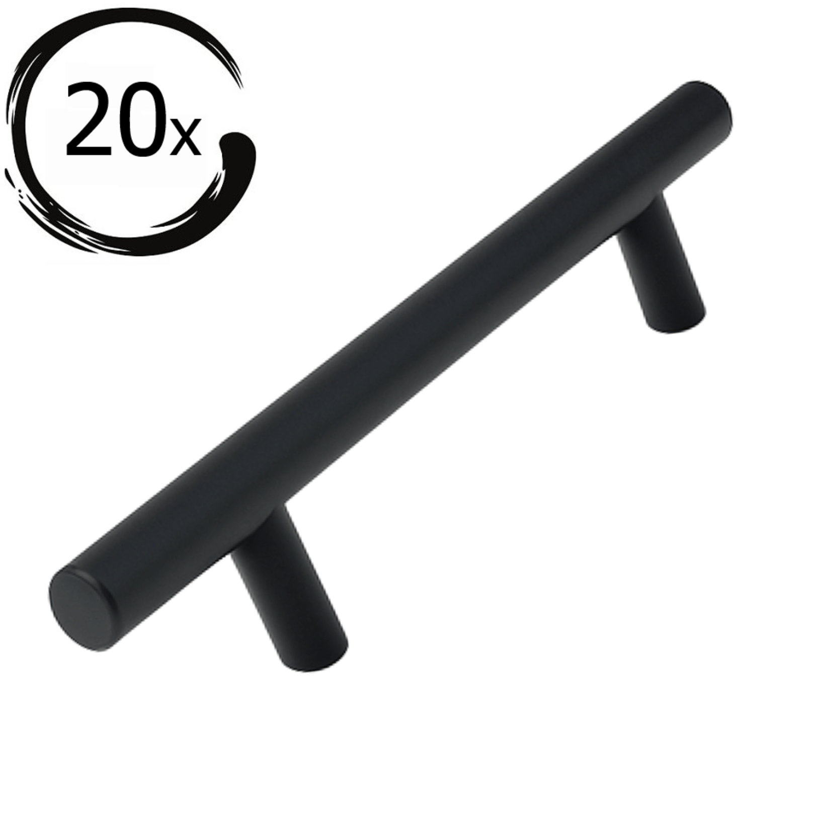 Set van 20 mat zwarte RVS handgrepen Denver met boormaat 128mm getoond in diagonale compositie