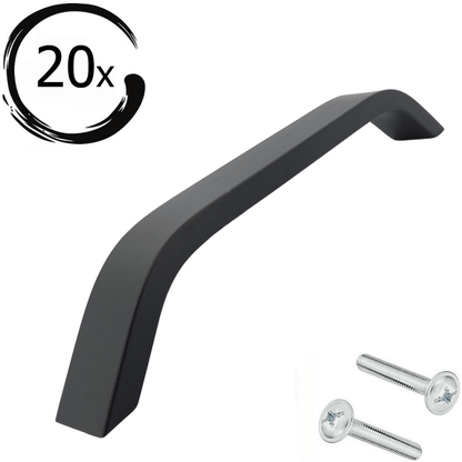 Set van 20 zwarte Tulsa handgrepen van 128mm met afgeronde vorm, getoond met bevestigingsschroeven