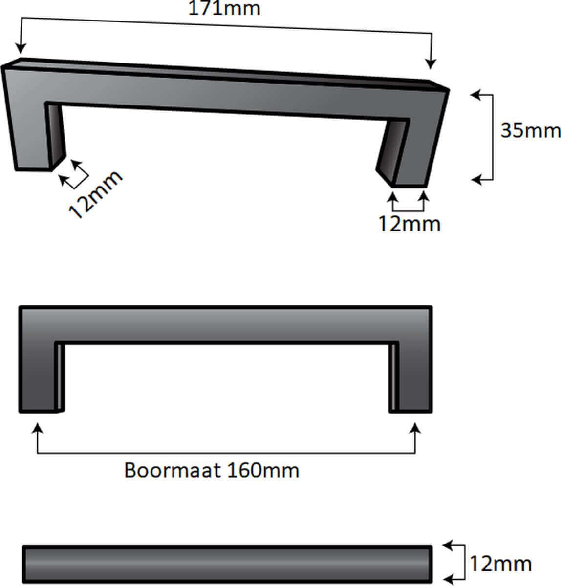 Handgreep Dallas 160mm mat zwart productfoto met afmetingen en montage-instructies BY MJM