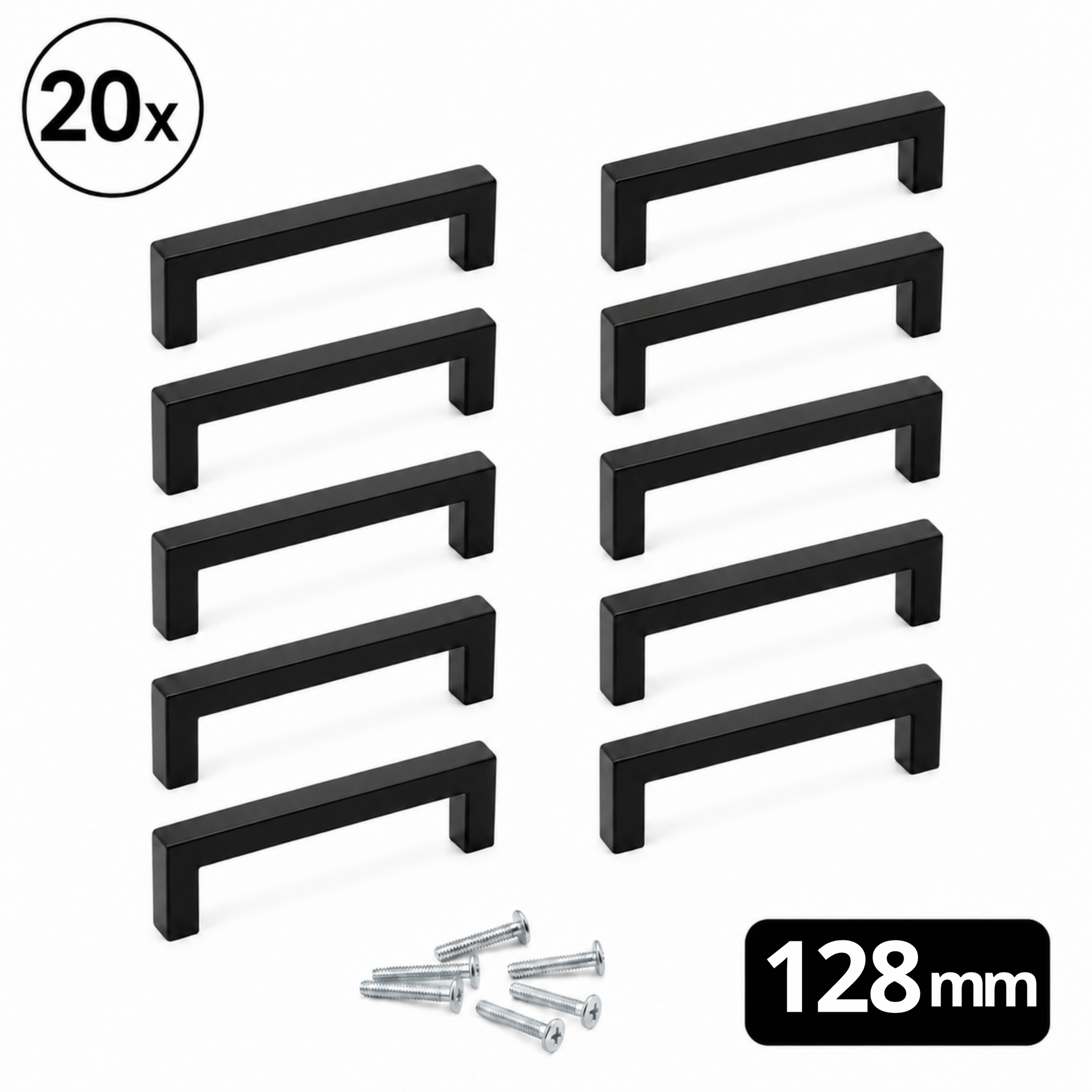 20 stuks handgreep Dallas 128mm mat zwart RVS met rechte strakke belijning en bevestigingsschroeven voor keuken kast en lade