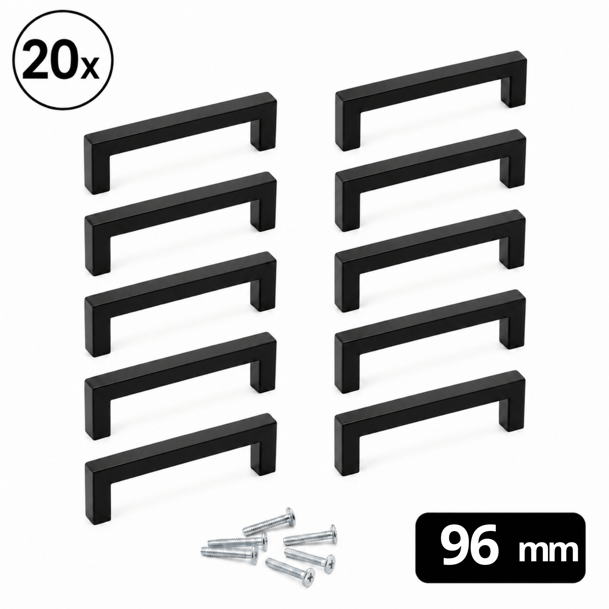 Set van 20 zwarte RVS handgrepen Dallas 96mm met bevestigingsschroeven