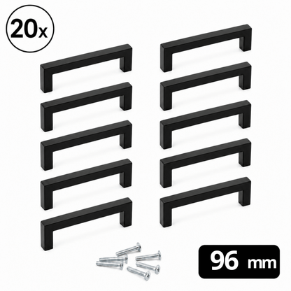 Set van 20 zwarte RVS handgrepen Dallas 96mm met bevestigingsschroeven