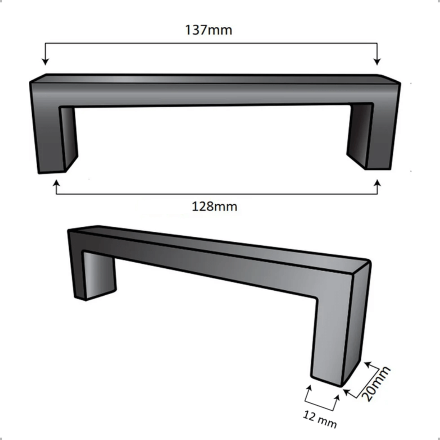 Bovenaanzicht Atlanta handgreep 96mm met breedte van 20mm en mat zwarte afwerking